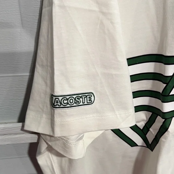 Lacoste Men's Cream T-Shirt with Green Stripes - Picture 2 of 5